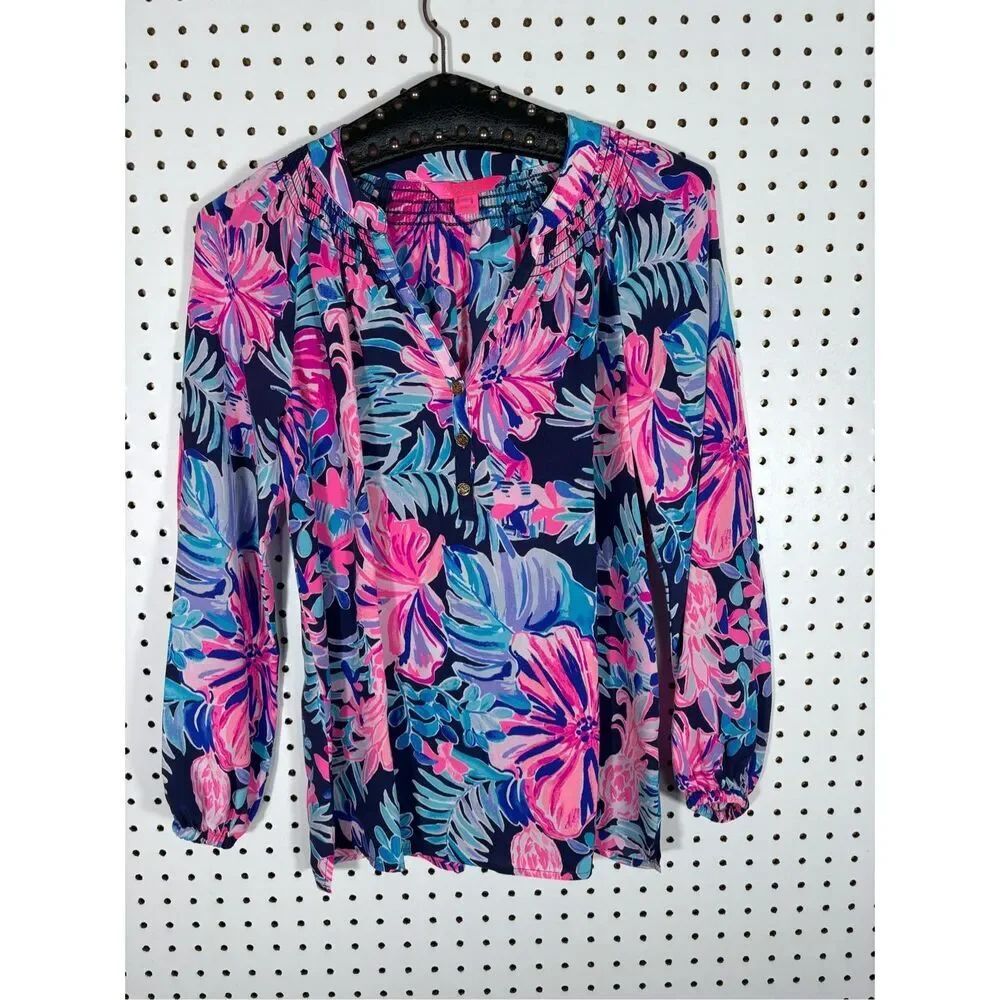 Lilly Pulitzer Elsa Top Multi Garden Get Away 100% Silk Blouse Size xs